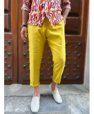 Pantaloni di lino - Gialli - Cropped - Coulisse