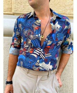 Camicia uomo, collo Italiano - Stampa iguana