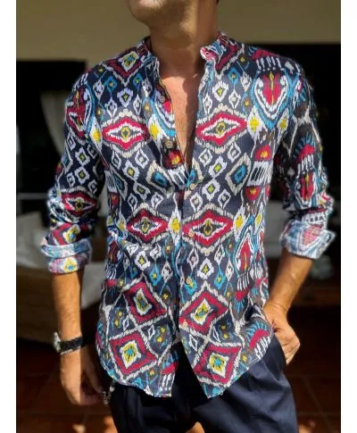 Camicia uomo estiva - Collo coreano - Misto lino/cotone