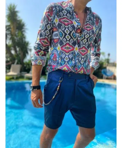 Camicia uomo estiva - Collo coreano - Misto lino/cotone