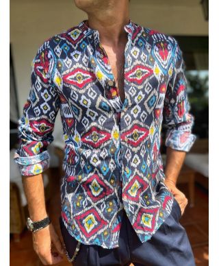 Camicia uomo estiva - Collo coreano - Misto lino/cotone