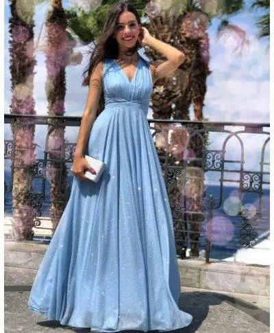 Vestito lungo elegante - Tessuto brillantinato - Azzurro - Collezione abiti da cerimonia