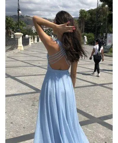 Vestito lungo elegante - Tessuto brillantinato - Azzurro - Collezione abiti da cerimonia