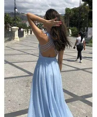 Vestito lungo elegante - Tessuto brillantinato - Azzurro - Collezione abiti da cerimonia