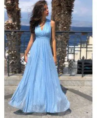 Vestito lungo elegante - Tessuto brillantinato - Azzurro - Collezione abiti da cerimonia