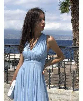 Vestito lungo elegante - Tessuto brillantinato - Azzurro - Collezione abiti da cerimonia