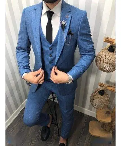 Abito da uomo elegante - Blu a quadretti - Gilet monopetto