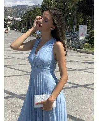 Vestito lungo elegante - Tessuto brillantinato - Azzurro - Collezione abiti da cerimonia