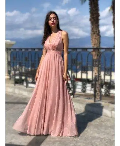 Vestito lungo - Rosa cipria - Tessuto brillantinato - Star rose