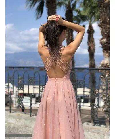 Vestito lungo - Rosa cipria - Tessuto brillantinato - Star rose