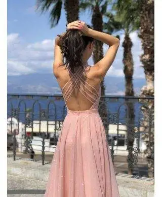 Vestito lungo - Rosa cipria - Tessuto brillantinato - Star rose