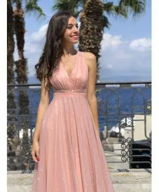Vestito lungo - Rosa cipria - Tessuto brillantinato - Star rose