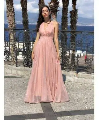 Vestito lungo - Rosa cipria - Tessuto brillantinato - Star rose