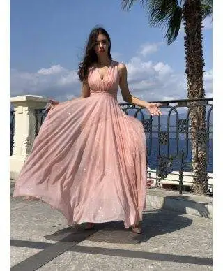Vestito lungo - Rosa cipria - Tessuto brillantinato - Star rose