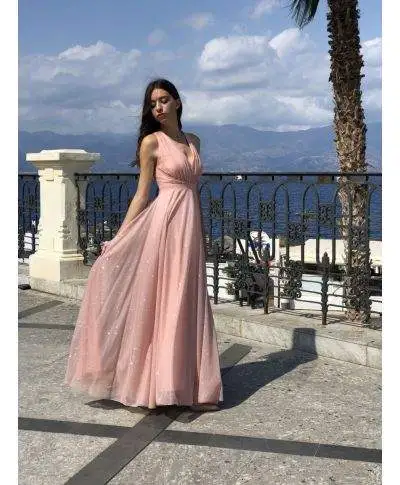 Vestito lungo - Rosa cipria - Tessuto brillantinato - Star rose