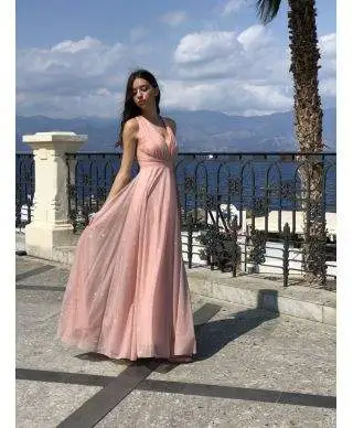 Vestito lungo - Rosa cipria - Tessuto brillantinato - Star rose