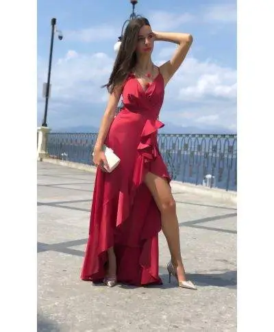 Vestito lungo elegante - Abito donna Marylin - Rosso in raso - Collezione abiti da sera