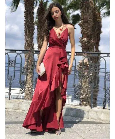 Vestito lungo elegante - Abito donna Marylin - Rosso in raso - Collezione abiti da sera