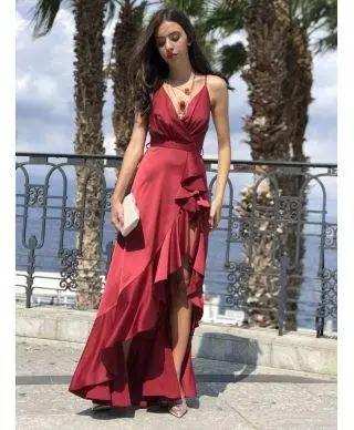 Vestito lungo elegante - Abito donna Marylin - Rosso in raso - Collezione abiti da sera