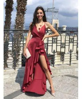 Vestito lungo elegante - Abito donna Marylin - Rosso in raso - Collezione abiti da sera