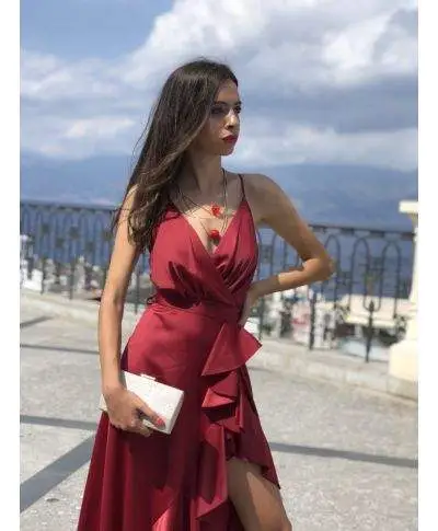Vestito lungo elegante - Abito donna Marylin - Rosso in raso - Collezione abiti da sera