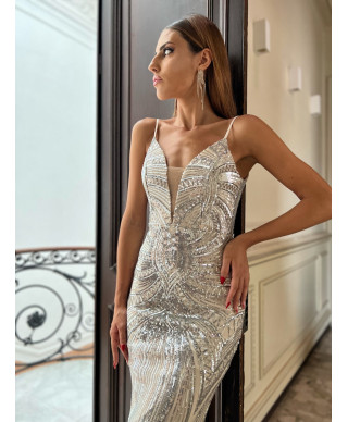 Abito da donna elegante - Lungo -  Paillettes - Modello sirena – Argento