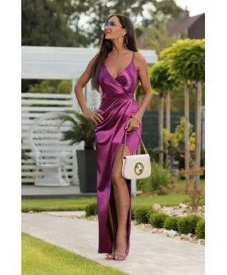 Abito da donna, elegante - lungo - In raso - Fucsia