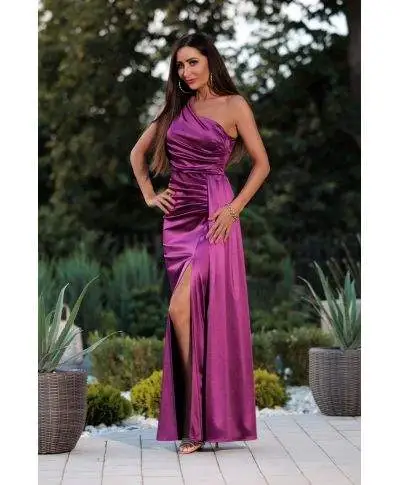 Abito da sera, maxi - In raso - mono spalla - Color fucsia - Loren