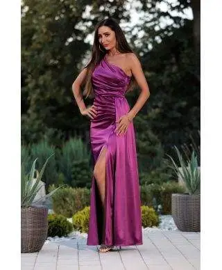 Abito da sera, maxi - In raso - mono spalla - Color fucsia - Loren