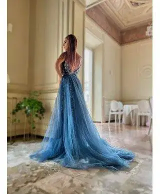 Abito donna, elegante - lungo - Coda staccabile - Color blu