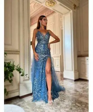 Abito donna, elegante - lungo - Coda staccabile - Color blu