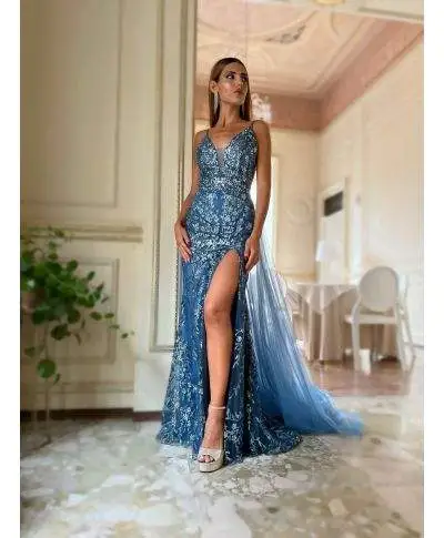 Abito donna, elegante - lungo - Coda staccabile - Color blu