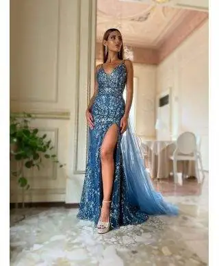 Abito donna, elegante - lungo - Coda staccabile - Color blu