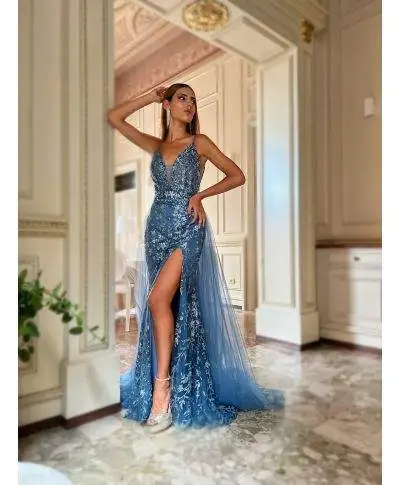 Abito donna, elegante - lungo - Coda staccabile - Color blu