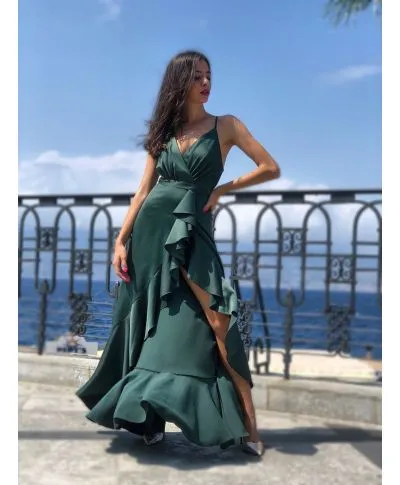 Abito da cerimonia in raso - Verde - Con spacco e schiena scollata - Collezione abiti da sera