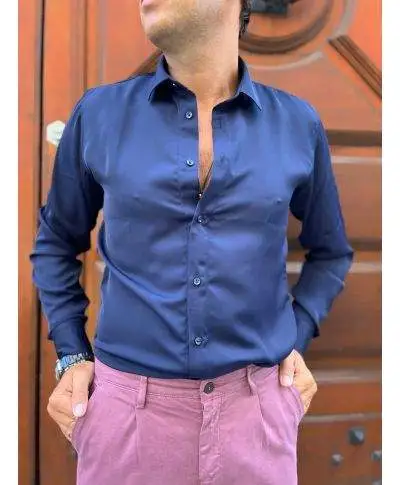Camicia uomo, blu effetto seta - Paul Miranda