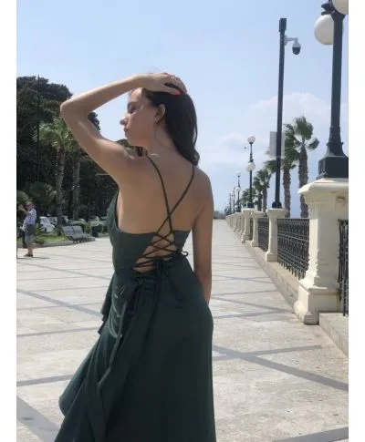 Abito da cerimonia in raso - Verde - Con spacco e schiena scollata - Collezione abiti da sera
