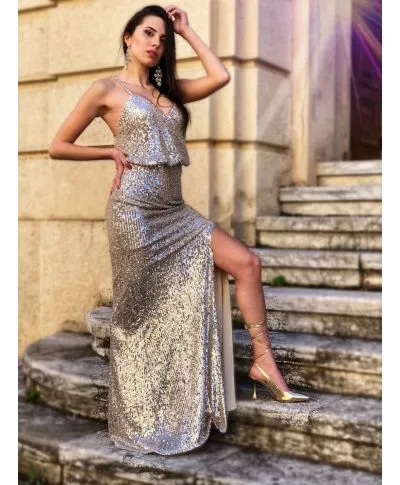 Vestito con spacco - Oro - Vestito paillettes
