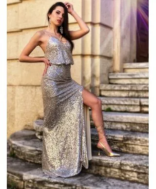 Vestito con spacco - Oro - Vestito paillettes