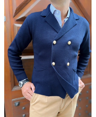 Cardigan uomo doppiopetto, blu - Made in Italy - Bottoni gioiello