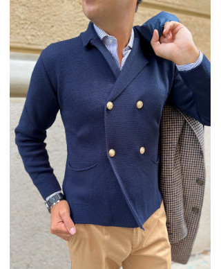 Cardigan uomo doppiopetto, blu - Made in Italy - Bottoni gioiello