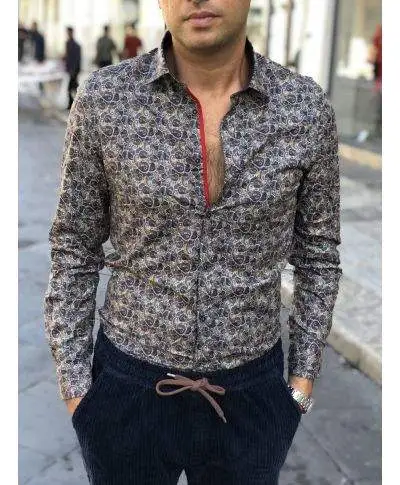 Camicia uomo Fantasia - Blu e marrone Manica lunga