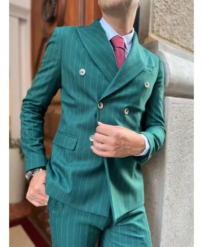 Abito uomo doppiopetto, gessato largo - verde e panna
