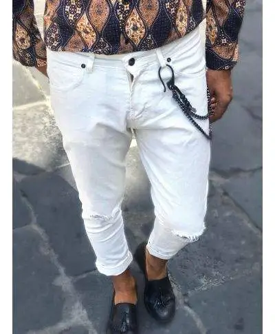 Jeans uomo bianco strappato - Jeans con catena - Slim