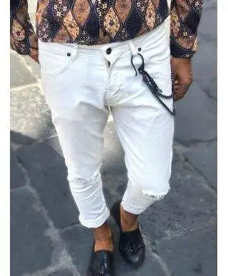 Jeans uomo bianco strappato - Jeans con catena - Slim