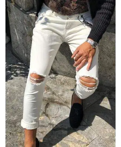 Jeans uomo bianco strappato - Jeans con catena - Slim