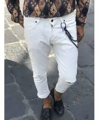 Jeans uomo bianco strappato - Jeans con catena - Slim