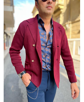 Cardigan uomo doppiopetto, bordeaux - Made in Italy - Bottoni dorati