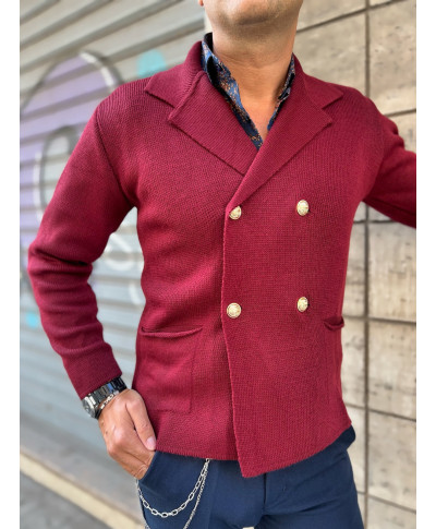 Cardigan uomo doppiopetto, bordeaux - Made in Italy - Bottoni dorati