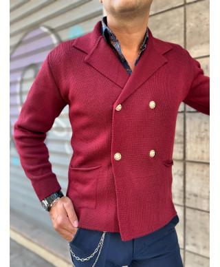 Cardigan uomo doppiopetto, bordeaux - Made in Italy - Bottoni dorati